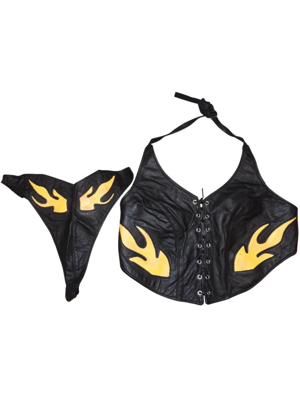 Vintage Motorcycles Black Leather Halter Top & Thong w/ Flames Women's Small